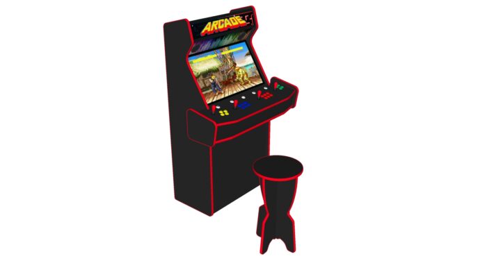 Multicade Retro Upright 4 Player Classic Arcade Machine, 120w sub, 32 inch, 15,000 games - left with stool