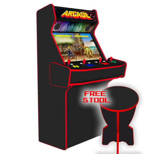 Multicade Retro Upright 4 Player Classic Arcade Machine, 120w sub, 32 inch, 15,000 games - left - with stool