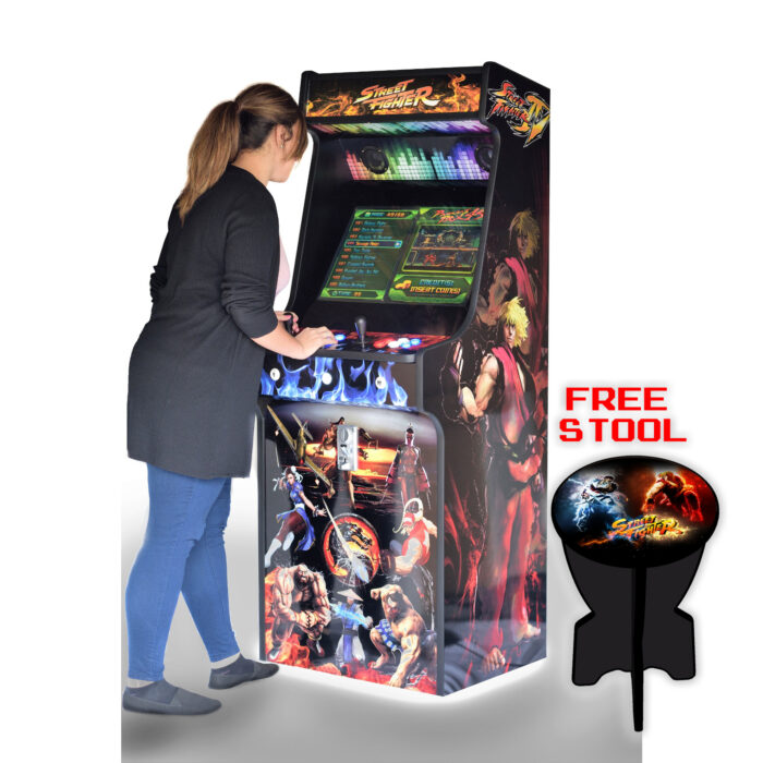 Classic-Upright-Arcade-Machine-Street-Fighter-Theme-With illuminated Buttons and Coin Slot - Playing
