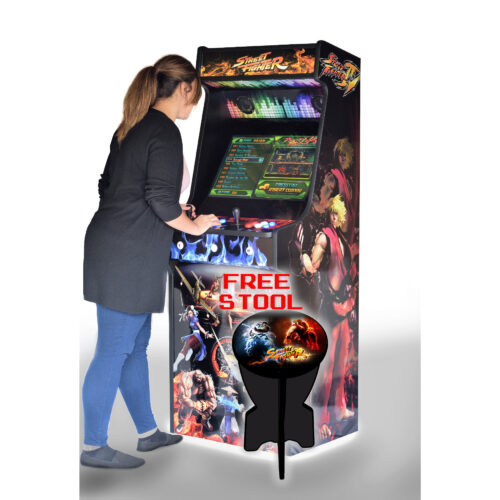 Classic-Upright-Arcade-Machine-Street-Fighter-Theme-With-illuminated-Buttons-and-Coin-Slot-Playing-free-stool