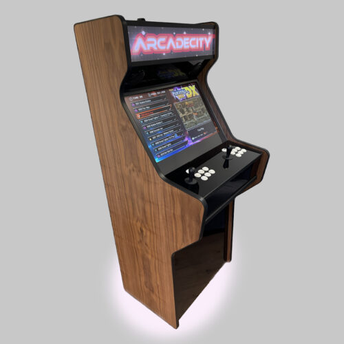 Walnut and high gloss 27 Inch full size arcade machine with subwoofer, LEDs Underneath - left photo