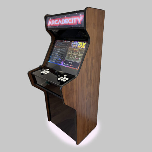 Walnut and high gloss 27 Inch full size arcade machine with subwoofer, LEDs Underneath - right photo