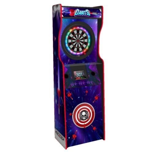 Full size upright dart cabinet, RGB LEDs underneath, blue theme - left