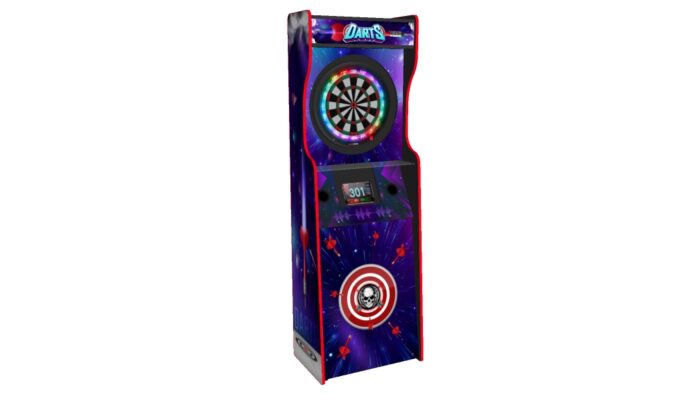 Full size upright dart cabinet, RGB LEDs underneath, blue theme - left