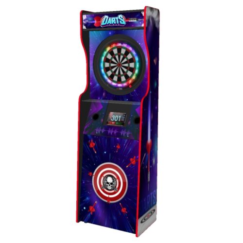 Full size upright dart cabinet, RGB LEDs underneath, blue theme - right