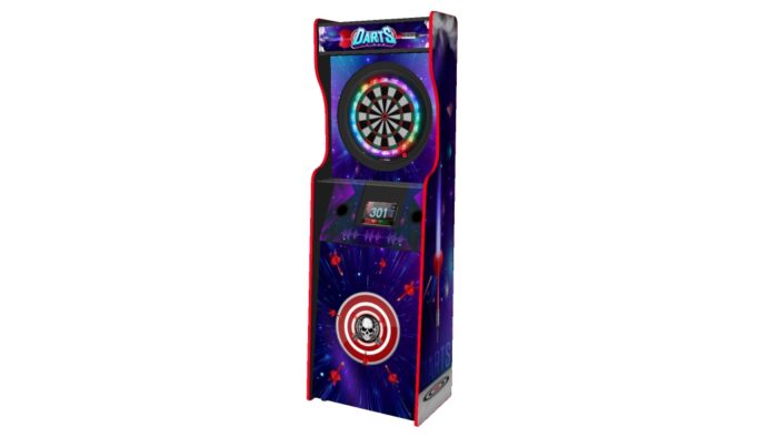 Full size upright dart cabinet, RGB LEDs underneath, blue theme - right