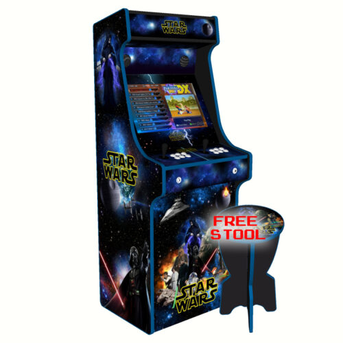 Star Wars Upright Arcade Machine, 3000 Games, 120w subwoofer, 24 inch, Blue Trim - left - with stool