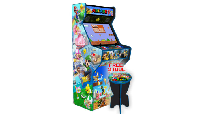 Super Mario Brothers upright arcade machine 27 inches - left with stool