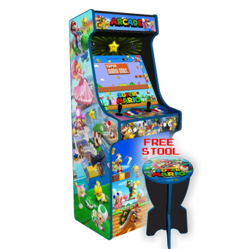 Super Mario Brothers upright arcade machine - left - with stool