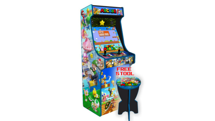 Super Mario Brothers upright arcade machine - left - with stool