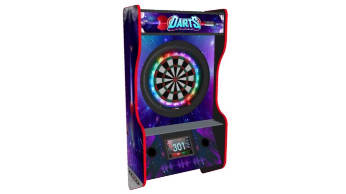 Wall hanging dart machine, RGB LEDs on the back, blue theme - left