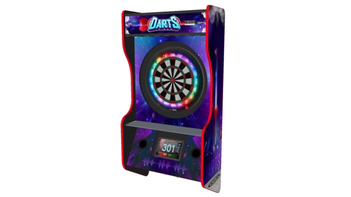 Wall hanging dart machine, RGB LEDs on the back, blue theme - right