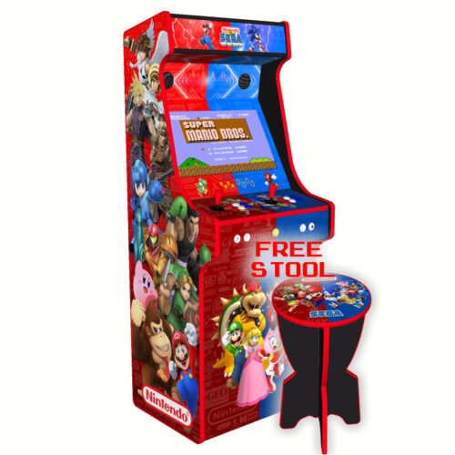Nintendo vs Sega, Upright Arcade Cabinet, 3000 Games, 120w subwoofer, 24 inch screen -left - with stool