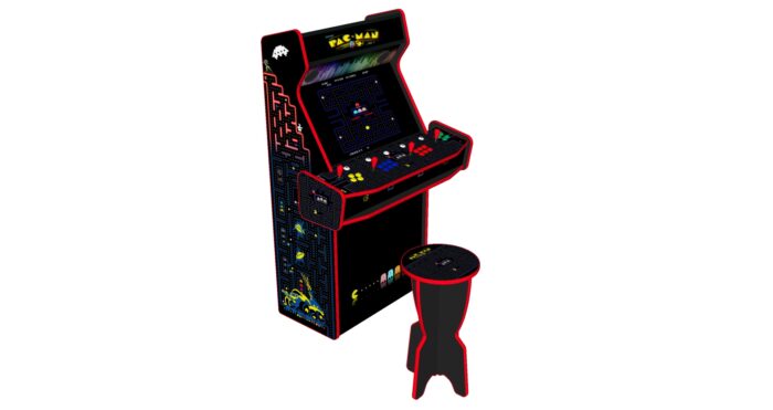 Pacman Black Upright 4 Player Arcade Machine, 32 screen, 120w sub, 5000 games (5) - left with stool