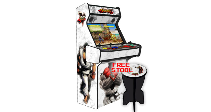 SF 5 White Upright 4 Player Arcade Machine, 32 screen, 120w sub, 5000 games (8) - left with free stool