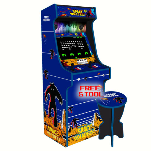 Space Invaders, Upright Arcade Cabinet Blue Trim, 3000 Games, 120w subwoofer, 24 inch screen - left - stool