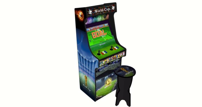 Football World Cup, Upright Arcade Cabinet, 3000 Games, 120w subwoofer, 24 inch - left with stool