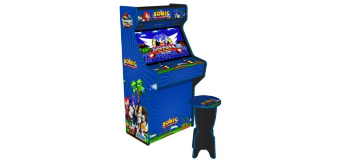 Sonic The Hedgehog Upright Player Arcade Machine, 32 screen, 120w sub, 5000 games -left - with stool