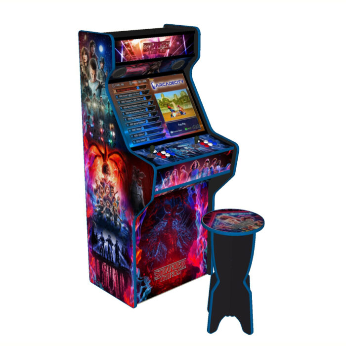 Stranger Things 27 Inch Upright Arcade Machine - American Style Joysticks - Blue Tmold - Left with stool