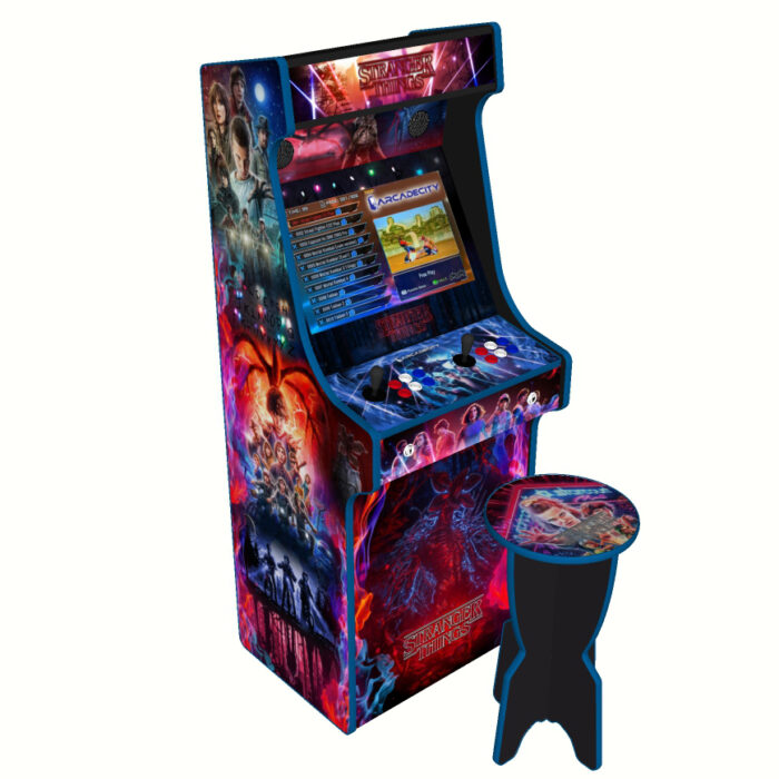 Stranger Things, Upright Arcade Cabinet, 3000 Games, 120w subwoofer, 24 inch - left with stool