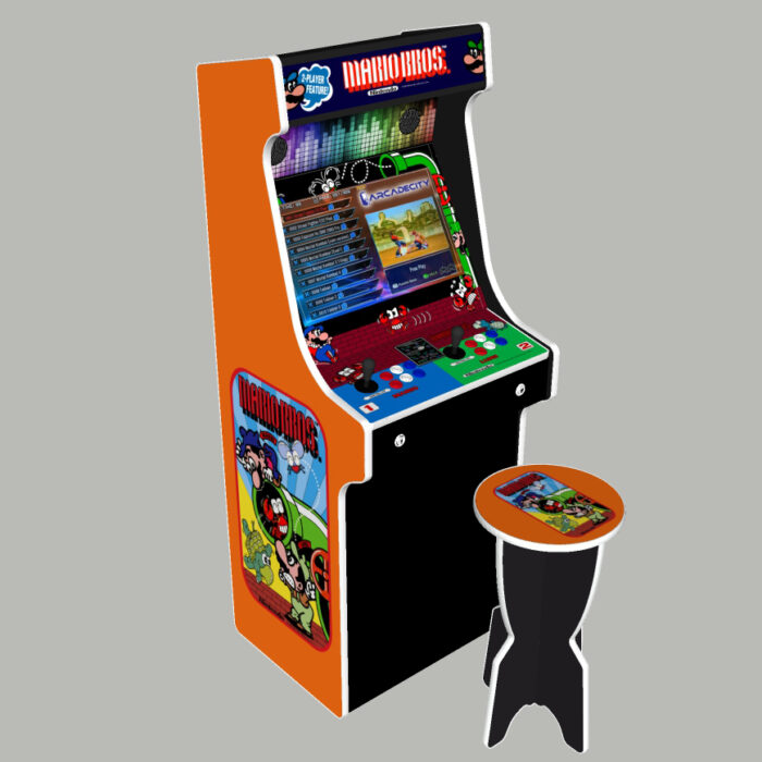 Mario Brothers Upright Arcade Cabinet, 3000 Games, 120w subwoofer, 24 inch - left with stool