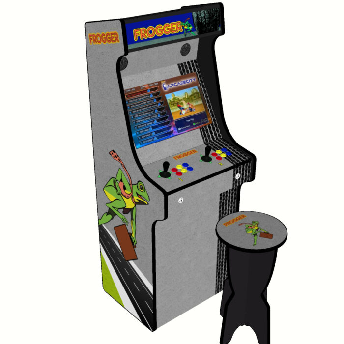 Frogger, Upright Arcade Machine, 3000 Games, 120w subwoofer, 24 inch - left with stool
