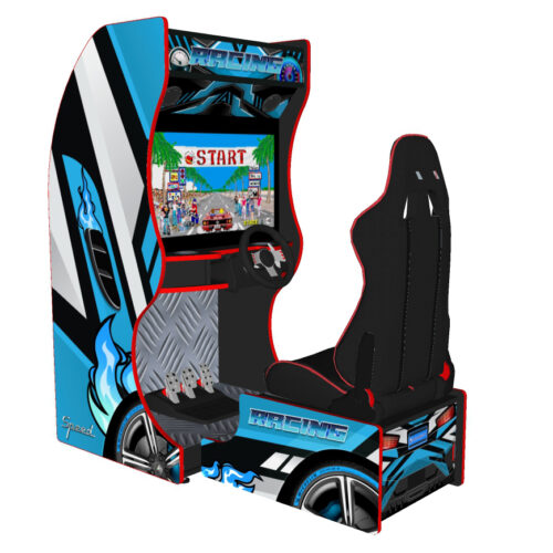 Blue Themed Racing Simulator with 32 Inch Screen, 120W Subwoofer and Racing Seat - left
