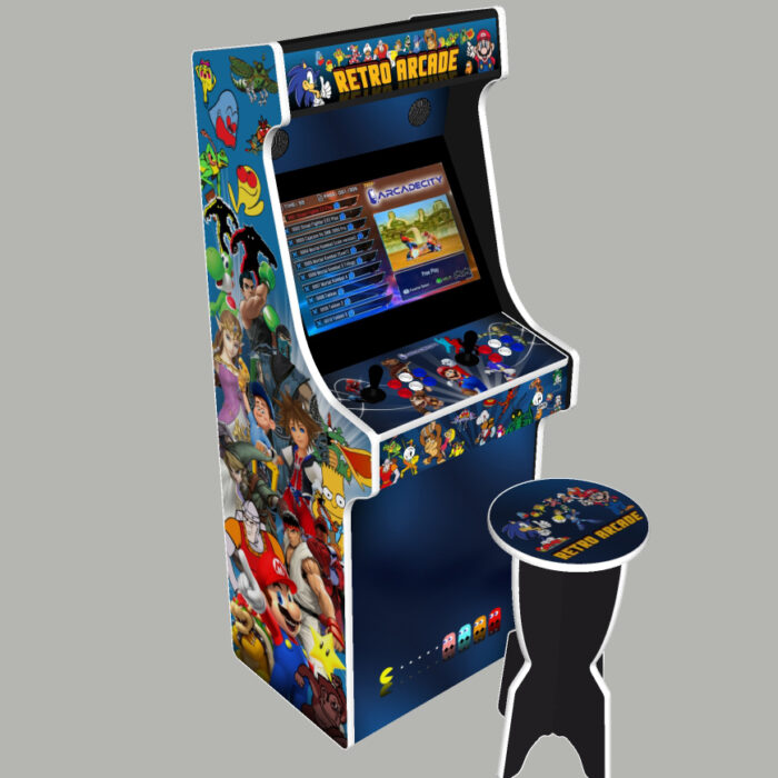 Retro Arcade Multicade v2, Upright Arcade Machine, 3000 Games, 120w subwoofer, 24 inch - left with stool